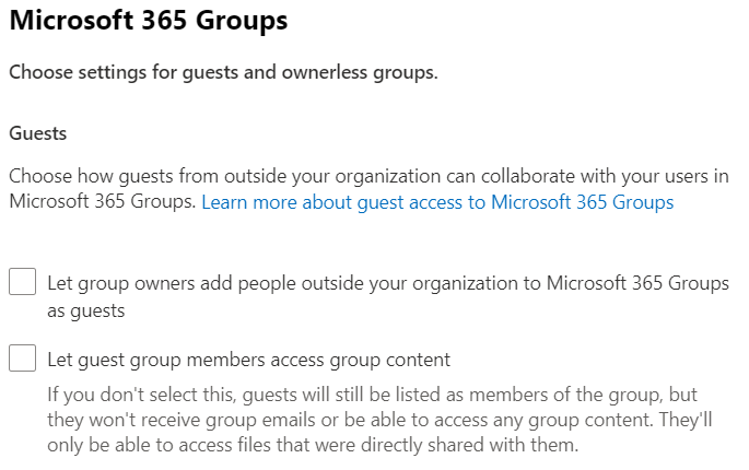 Microsoft 365 yönetim merkezi Microsoft 365 Grupları paylaşım ayarlarının ekran görüntüsü.
