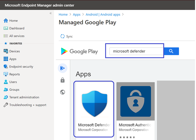 Microsoft Intune yönetim merkezi portalındaki Yönetilen Google Play sayfası