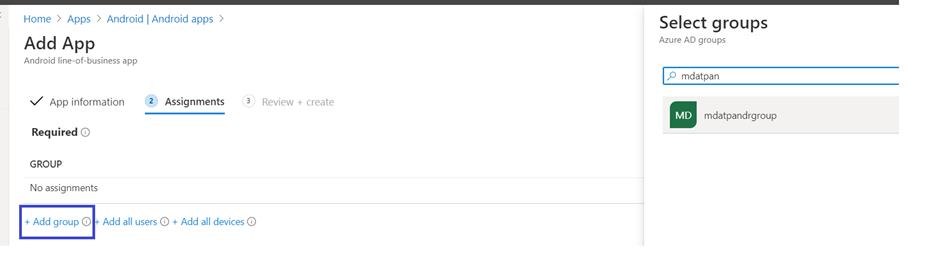 Microsoft Intune yönetim merkezi portalındaki Uygulama Ekle sayfasındaki Grup ekle bölmesi