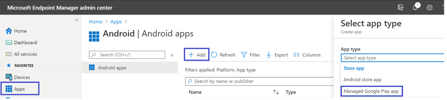 Microsoft Intune yönetim merkezi portalındaki uygulama ekleme bölmesi