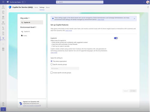 Teams'de Copilot for Service yönetici ayarlarını gösteren ekran görüntüsü.