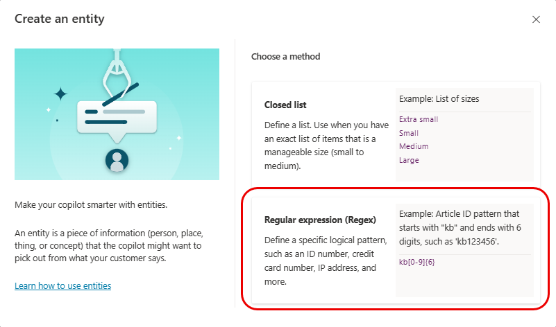 Regex seçeneği vurgulanmış olarak, varlık oluşturma penceresinin ekran görüntüsü.