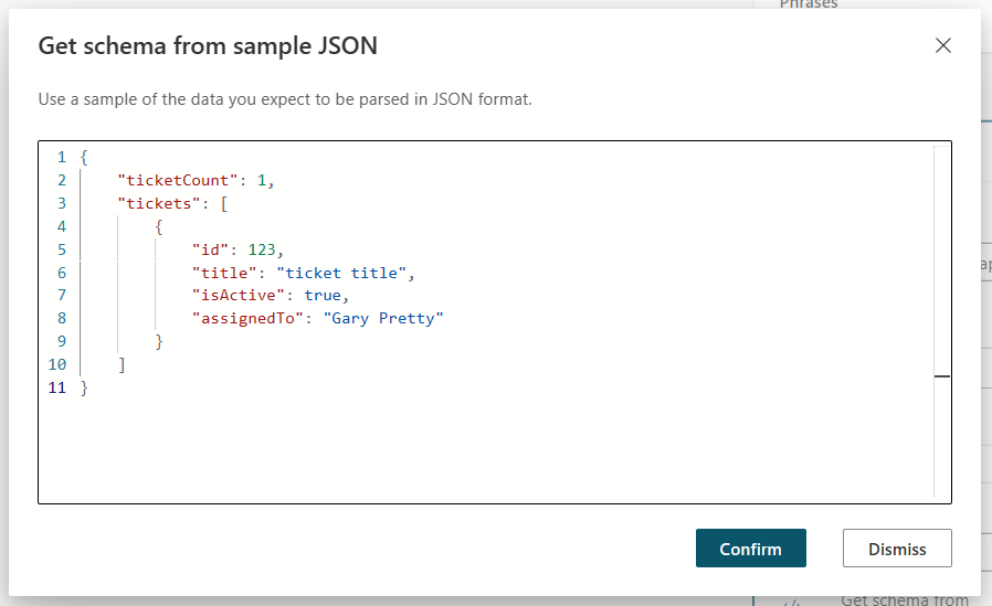 Örnek JSON'dan şemayı al düzenleyicisinin ekran görüntüsü.