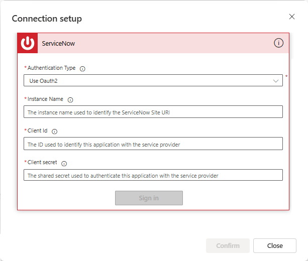 ServiceNow bağlantı sayfasının ekran görüntüsü.