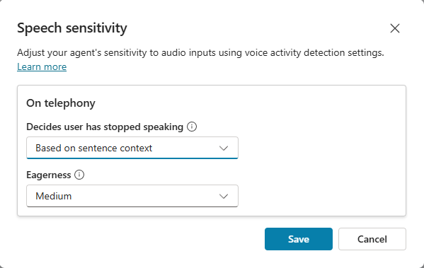Cümle bağlamına göre ayarlandığında Konuşma duyarlılığı iletişim kutusunun ekran görüntüsü.