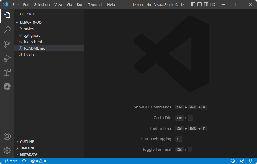 The demo-to-do sample folder opened in Visual Studio Code