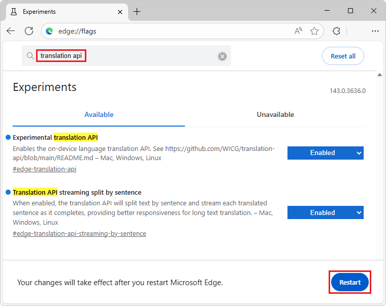 Flags page of browser