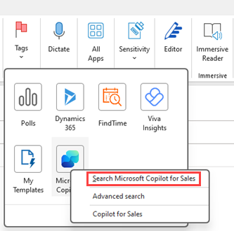 Klasik Outlook'ta Copilot for Sales uygulaması içinde arama seçeneğini gösteren ekran görüntüsü.
