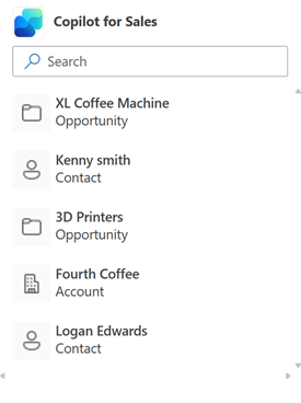 Yeni Outlook'ta Copilot for Sales uygulaması içinde arama açılır penceresini gösteren ekran görüntüsü.