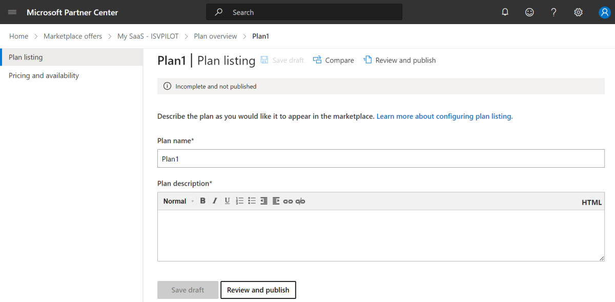 The screenshots shows plan page to add plan name and plan description for your app.