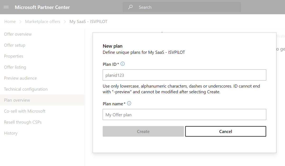 The screenshots shows plan overview to create a new plan for your apps in the Partner Center.
