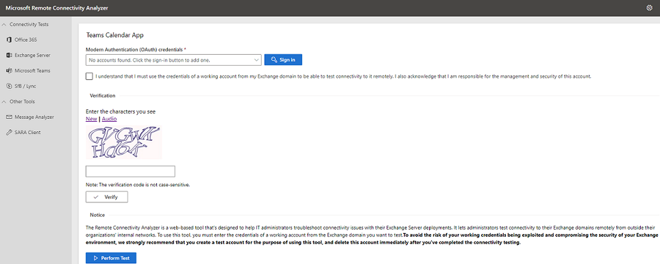 Microsoft Uzaktan Bağlantı Çözümleyicisi'nin Teams Takvim Uygulaması sayfasının ekran görüntüsü.