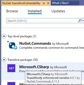 Visual Studio Paket Yöneticisi kullanıcı arabirimi araç ipucu