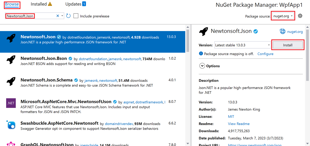 Gözat sekmesinin seçili olduğu NuGet Paket Yöneticisi penceresini gösteren ekran görüntüsü.