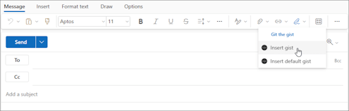 The message compose form in Outlook on the web with the add-in button and pop-up menu highlighted.