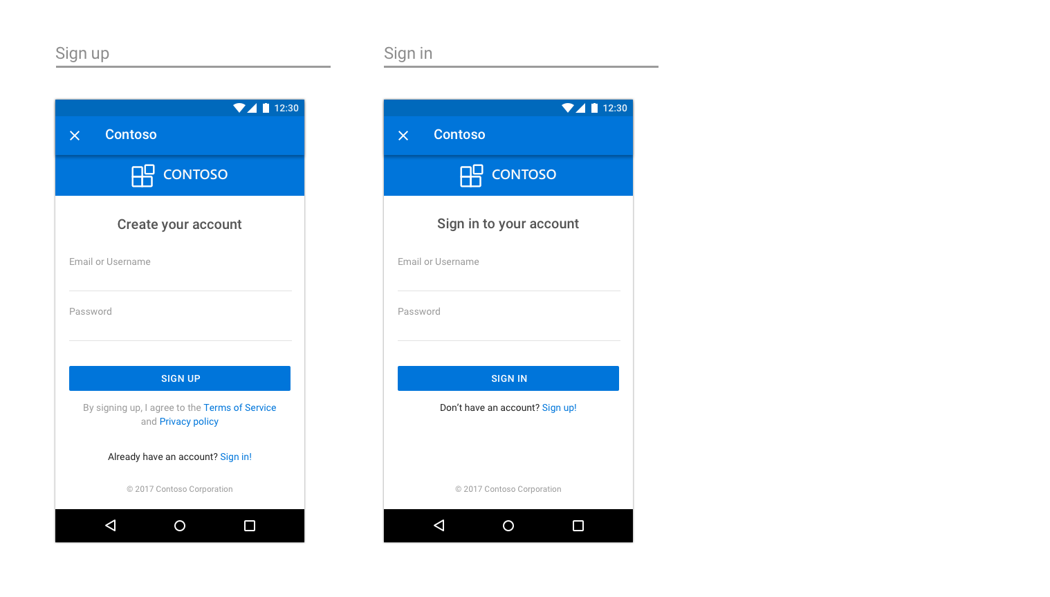 Examples of page to sign in on Android.