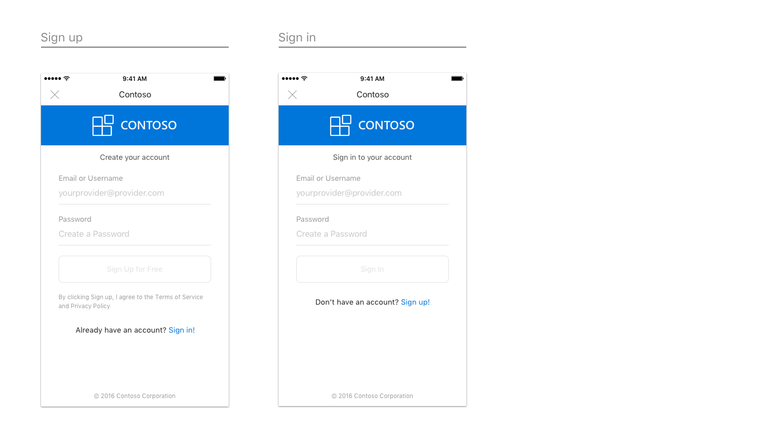 Examples of pages to sign in and sign up on iOS.