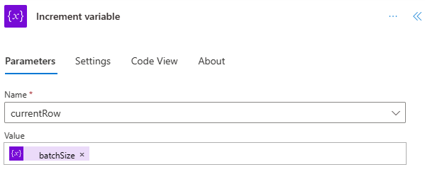 The completed 'Increment variable' step for the 'currentRow'.