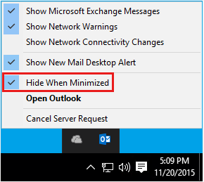 Simge Durumuna Küçültüldüğünde Outlook Gizle seçeneğinin belirlendiğinde ekran görüntüsü.