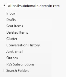 Kullanıcının birincil SMTP e-posta adresi değiştirilirse Outlook'ta görüntülenen birincil SMTP e-posta adresinin olarak değiştirilmesinin alias@subdomain.domain.com beklendiğini gösteren Şekil 2'nin ekran görüntüsü.