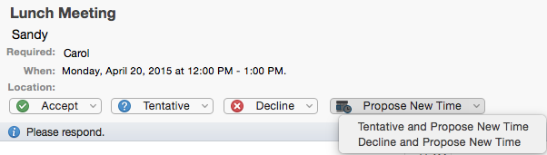 Belirsiz, Reddet ve Yeni Zaman Öner seçeneklerini gösteren toplantı isteğinin ekran görüntüsü.