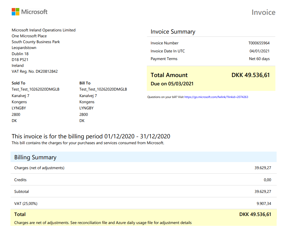Screenshot of a Partner Center invoice stating that adjustment details appear on recon and Azure daily usage files.