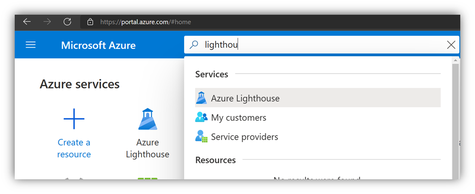 Azure hizmetleri Lighthouse örneği.
