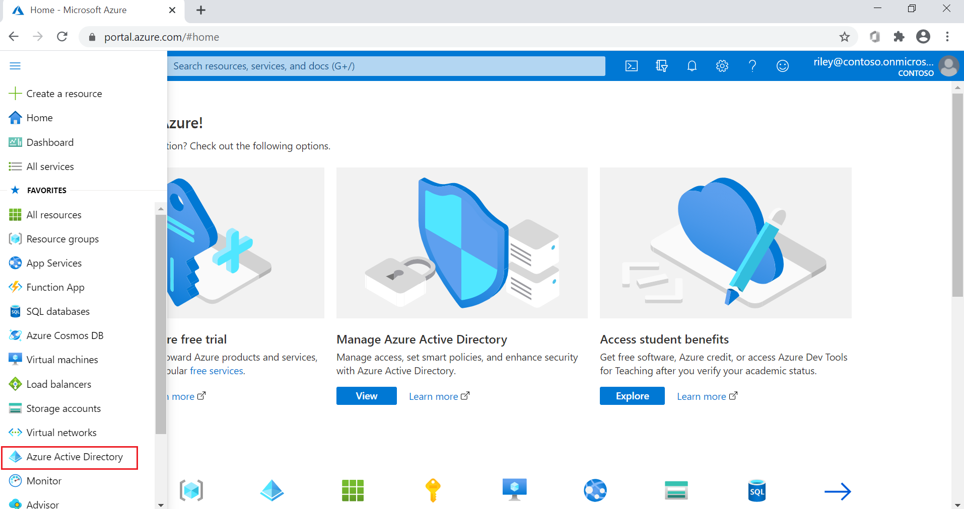 Menüden Azure Active Directory seçeneğini belirleme Azure portal gösterir.
