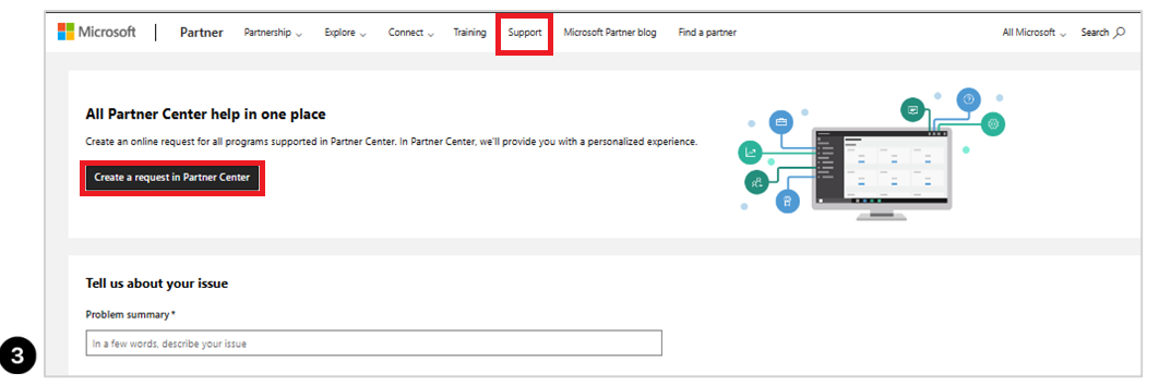 Destek seçeneğinin vurgulandığı Microsoft İş Ortağı sayfasının ekran görüntüsü.