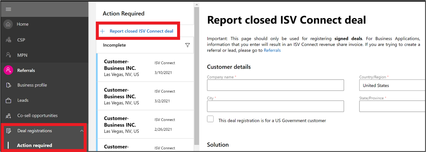 Screenshot that shows where you can report a closed ISV Connect deal in Partner Center.