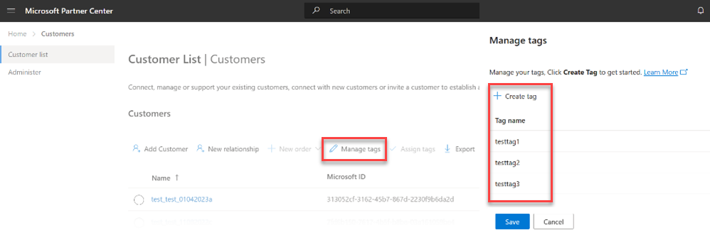 İş Ortağı Merkezi'ndeki müşteri listesi sayfasından müşteri etiketlerini yönetme işleminin ekran görüntüsü.