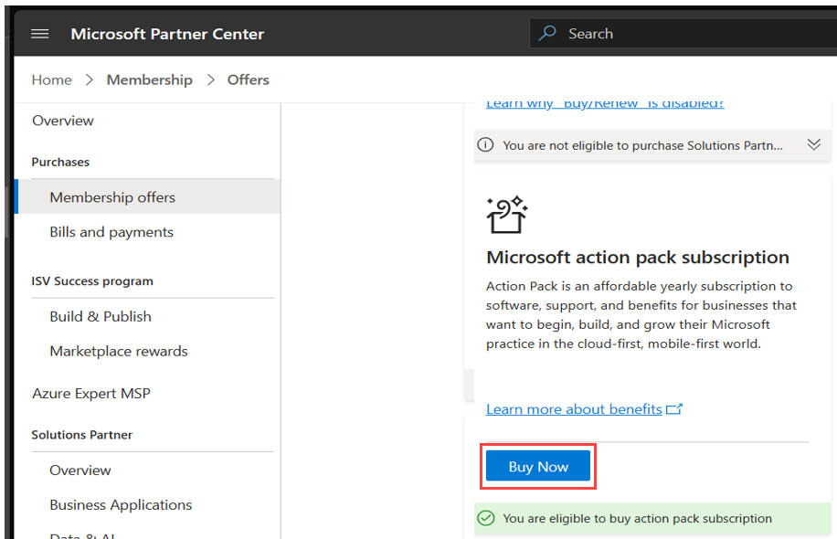 Screenshot of the Membership offers page, with the Buy Now button in the Microsoft action pack subscription section.
