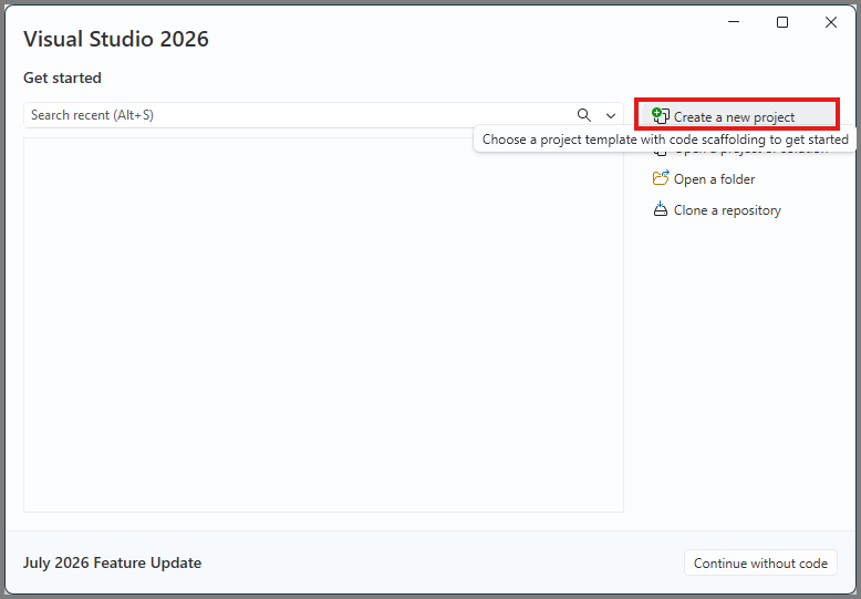 Screenshot of Visual Studio showing the option to start a new project