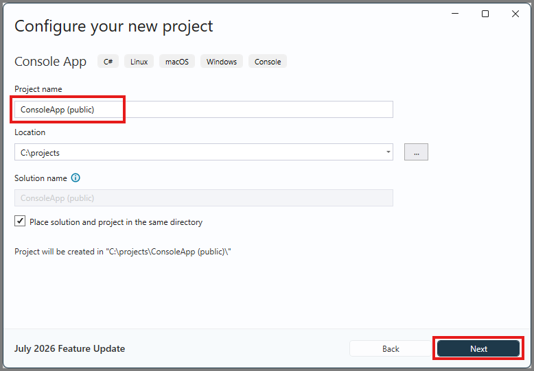 Screenshot of Visual Studio showing the .NET name and location dialog.