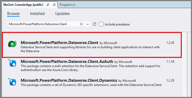 Screenshot of NuGet Package Manager showing the Microsoft.PowerPlatform.Dataverse.Client package ready to install.