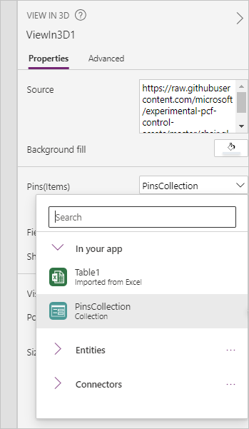 PinsCollection veri kaynağı seçiliyken Power Apps Studio uygulamasındaki bir 3B modelin Pins(Items) özelliğinin ekran görüntüsü.