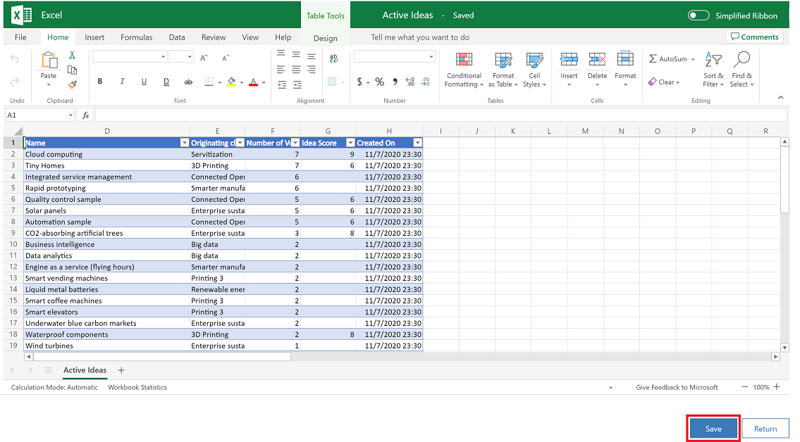 Excel Online dosyasında Kaydet'i seçme.