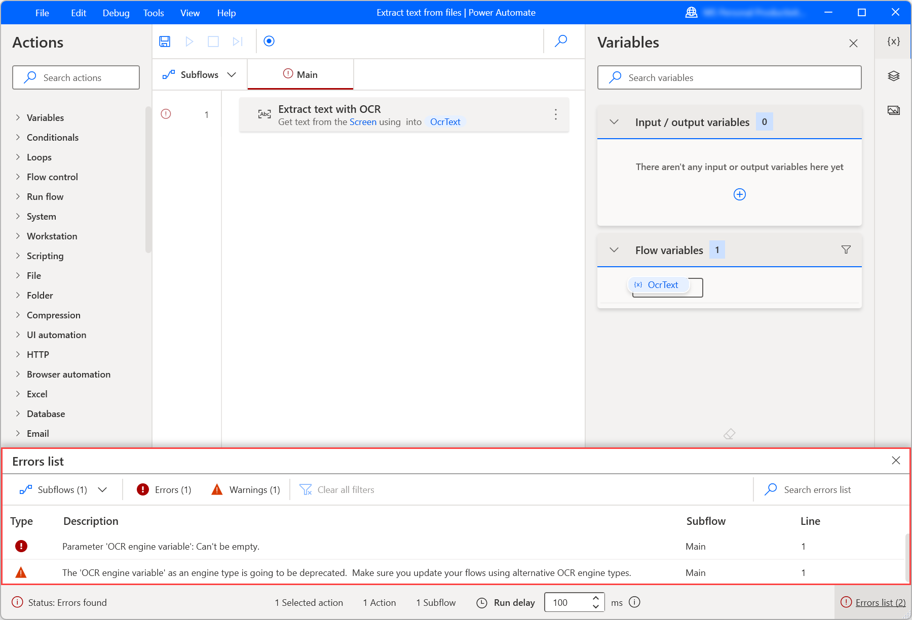 Hatalar bölmesinde kullanılabilir süzgecin ekran görüntüsü.