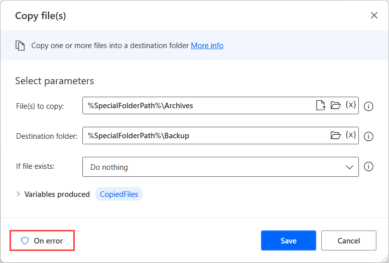 Eylemdeki Hata durumunda seçeneğinin ekran görüntüsü.