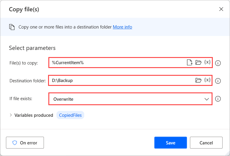 Dosyayı kopyala eyleminin ekran görüntüsü.