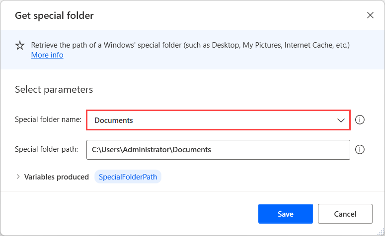 Özel klasörü al eyleminin ekran görüntüsü.