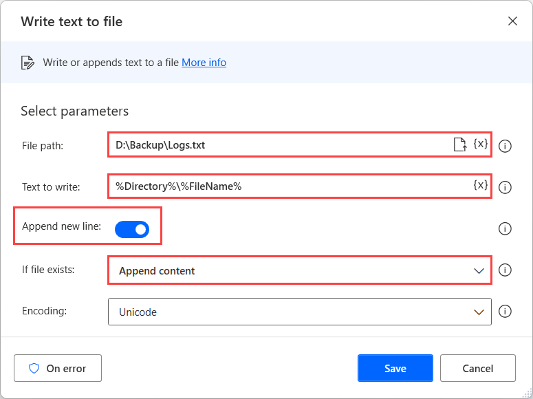 Dosyaya metin yaz eyleminin ekran görüntüsü.