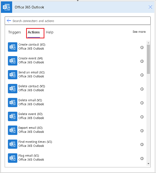Office 365 Outlook eylemlerinin kısmi listesinin ekran görüntüsü.
