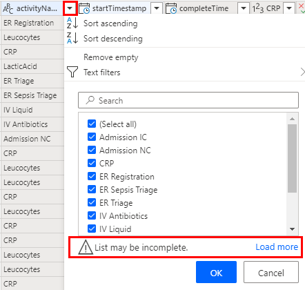 Etkinlik adlarını filtreleme ekran görüntüsü.