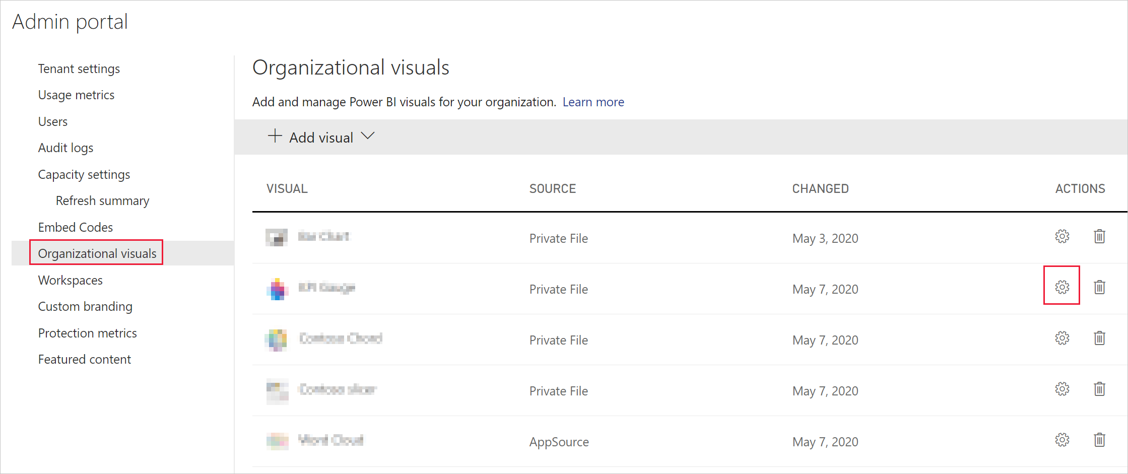 Screenshot showing the organizational visuals menu in the Power BI admin settings. The add visual option is expanded. The from app source option is selected and a list of app source visuals is displayed.