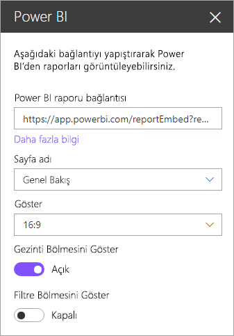 Power BI rapor bağlantısının vurgulandığı SharePoint yeni web bölümü özellikleri iletişim kutusunun ekran görüntüsü.
