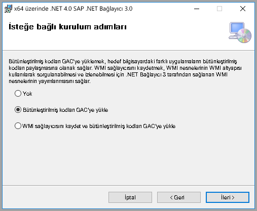 Derlemeleri GAC'ye yükle seçeneğinin seçili olduğu SAP isteğe bağlı kurulum adımlarının ekran görüntüsü.