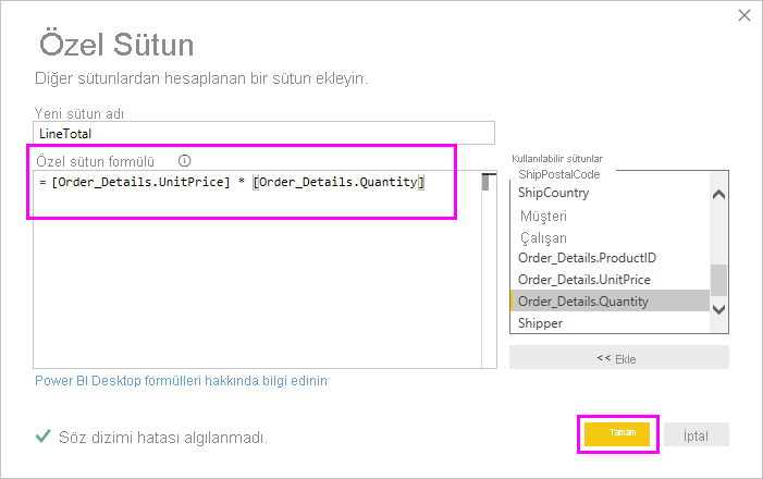 Screenshot that highlights the New column name and Custom column formula fields.
