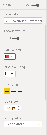 Yazı tipi rengini, boyutunu ve ailesini değiştirebileceğiniz Başlık seçeneğini gösteren ekran görüntüsü.