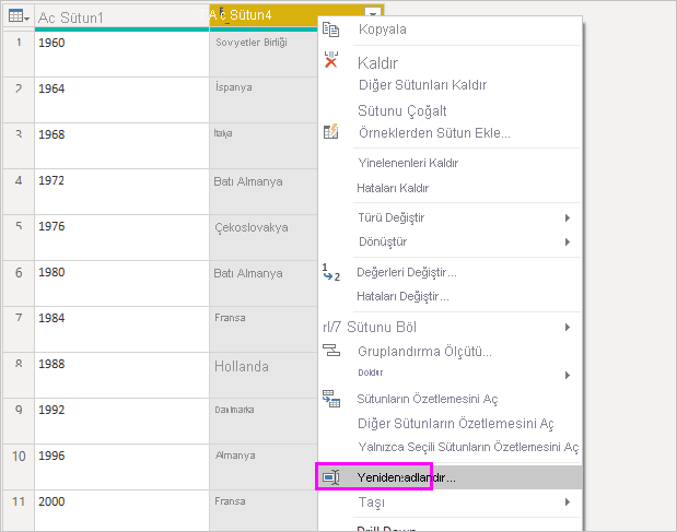 Screenshot shows the Rename option selected from the context menu for a column.